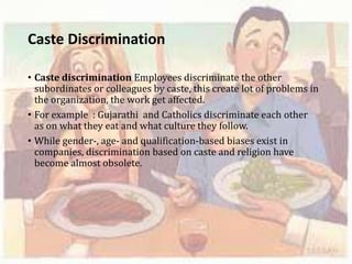 Caste Discrimination
• Caste discrimination Employees discriminate the other
subordinates or colleagues by caste, this create lot of problems in
the organization, the work get affected.
• For example : Gujarathi and Catholics discriminate each other
as on what they eat and what culture they follow.
• While gender-, age- and qualification-based biases exist in
companies, discrimination based on caste and religion have
become almost obsolete.
 