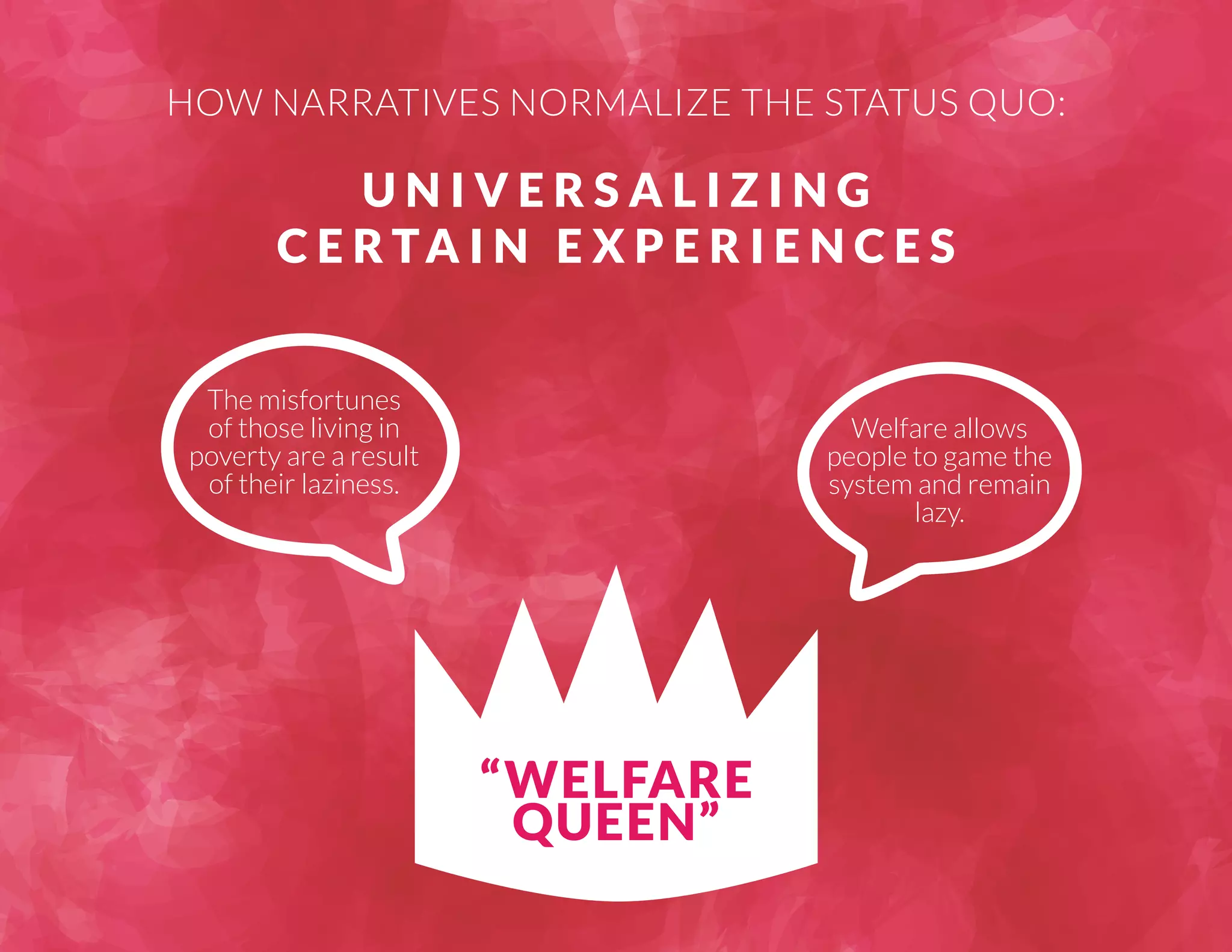 HOW NARRATIVES NORMALIZE THE STATUS QUO: 
The misfortunes 
of those living in 
poverty are a result 
of their laziness. 
Welfare allows 
people to game the 
system and remain 
lazy. 
U N I V E R S A L I Z I N G 
CERTA I N E X P E R I E N C E S 
“WELFARE 
QUEEN” 
 