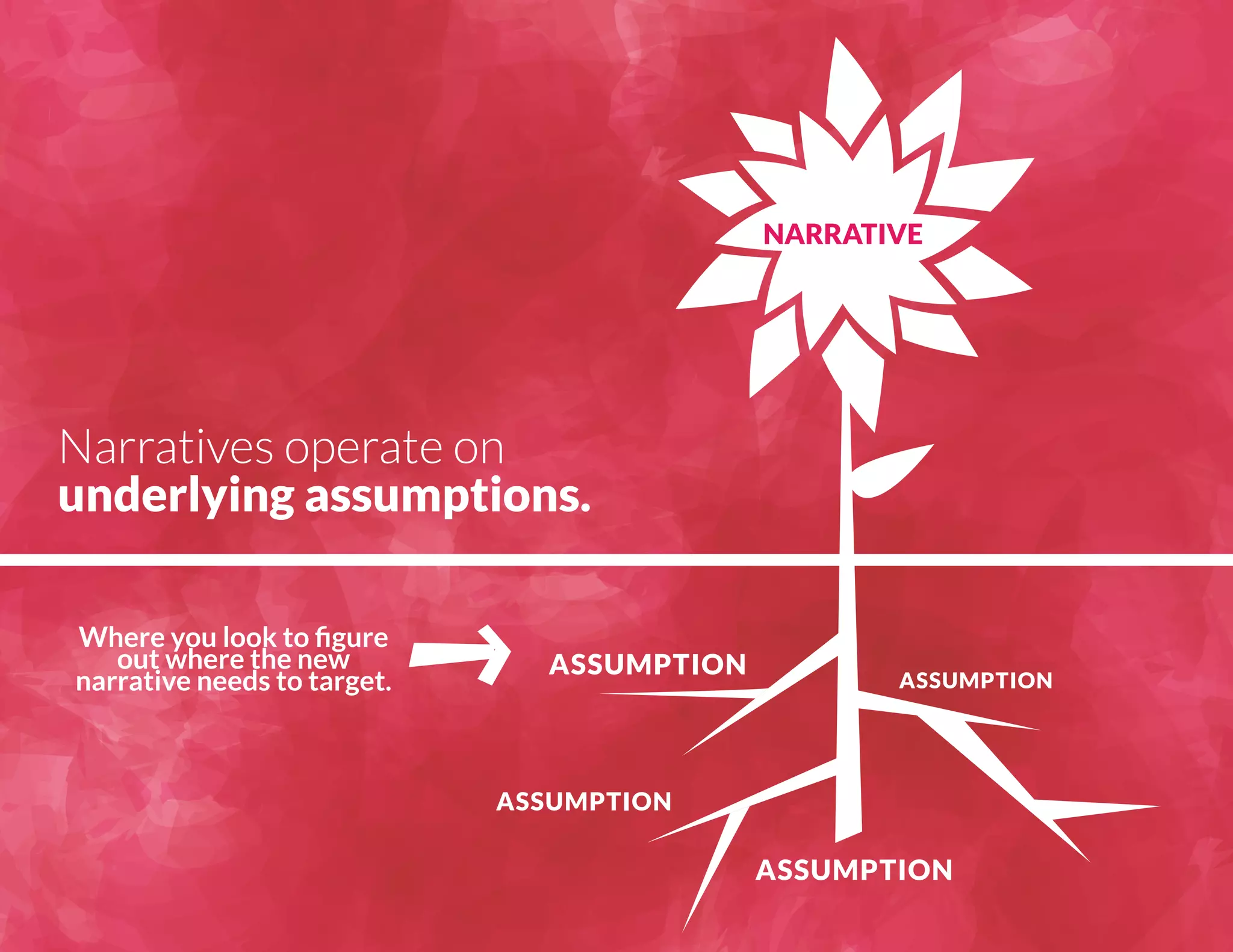 Narratives operate on 
underlying assumptions. 
ASSUMPTION 
ASSUMPTION 
ASSUMPTION 
ASSUMPTION 
Where you look to figure 
out where the new 
narrative needs to target. 
NARRATIVE 
 