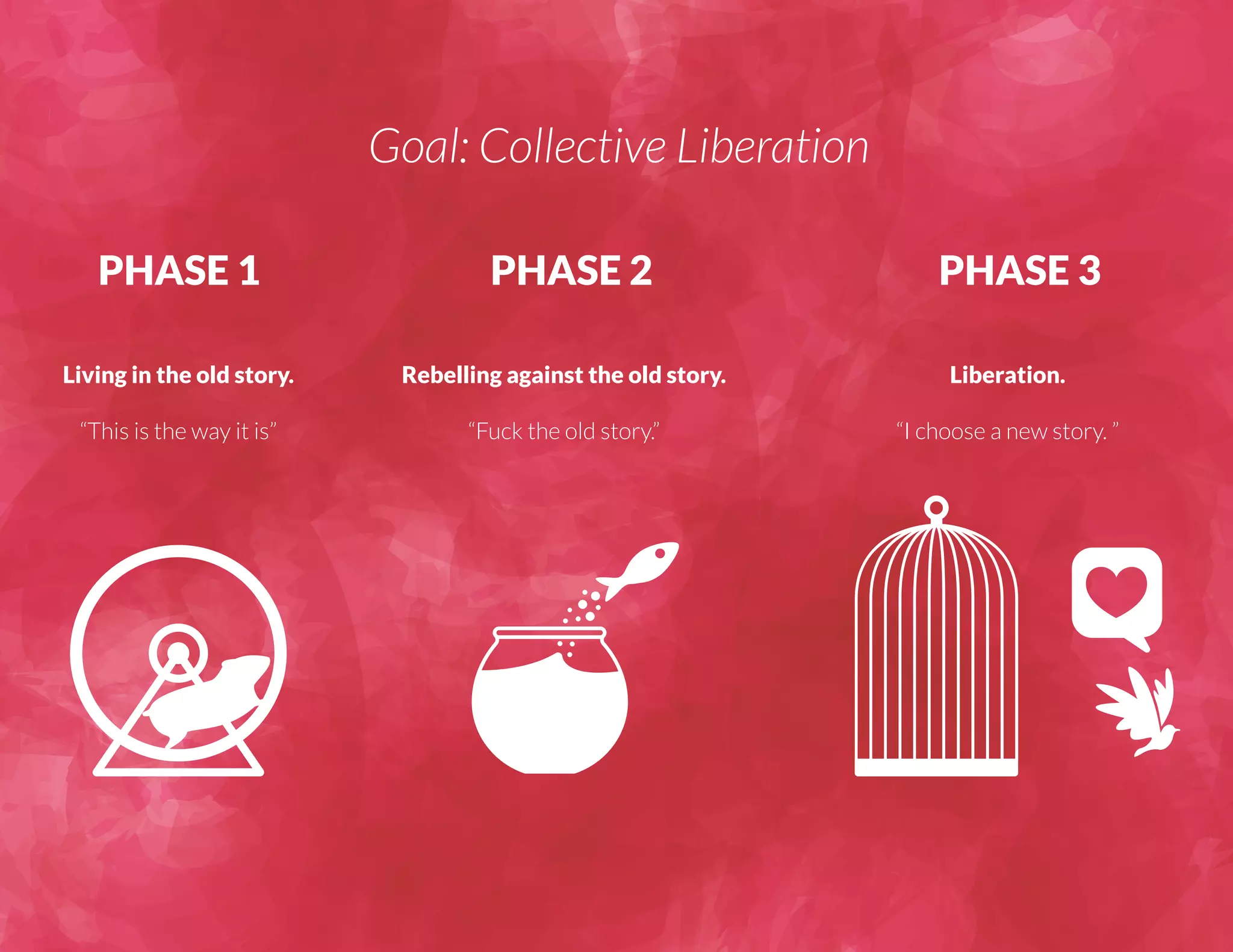 PHASE 1 PHASE 2 PHASE 3 
Living in the old story. 
“This is the way it is” 
Rebelling against the old story. 
“Fuck the old story.” 
Liberation. 
“I choose a new story. ” 
Goal: Collective Liberation 
 