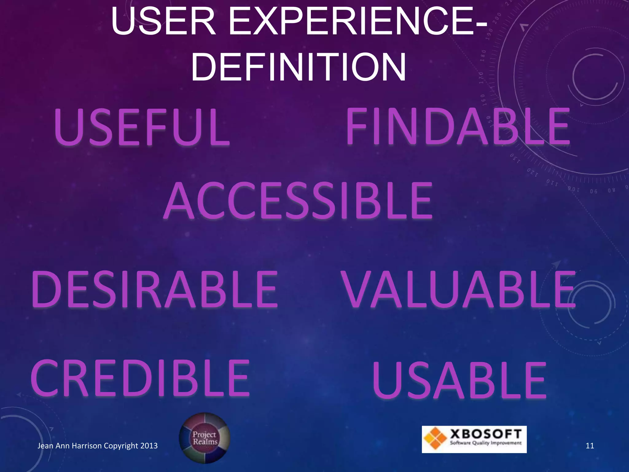 USER EXPERIENCE-
DEFINITION
Jean Ann Harrison Copyright 2013
USEFUL
DESIRABLE
FINDABLE
CREDIBLE
VALUABLE
USABLE
ACCESSIBLE
11
 