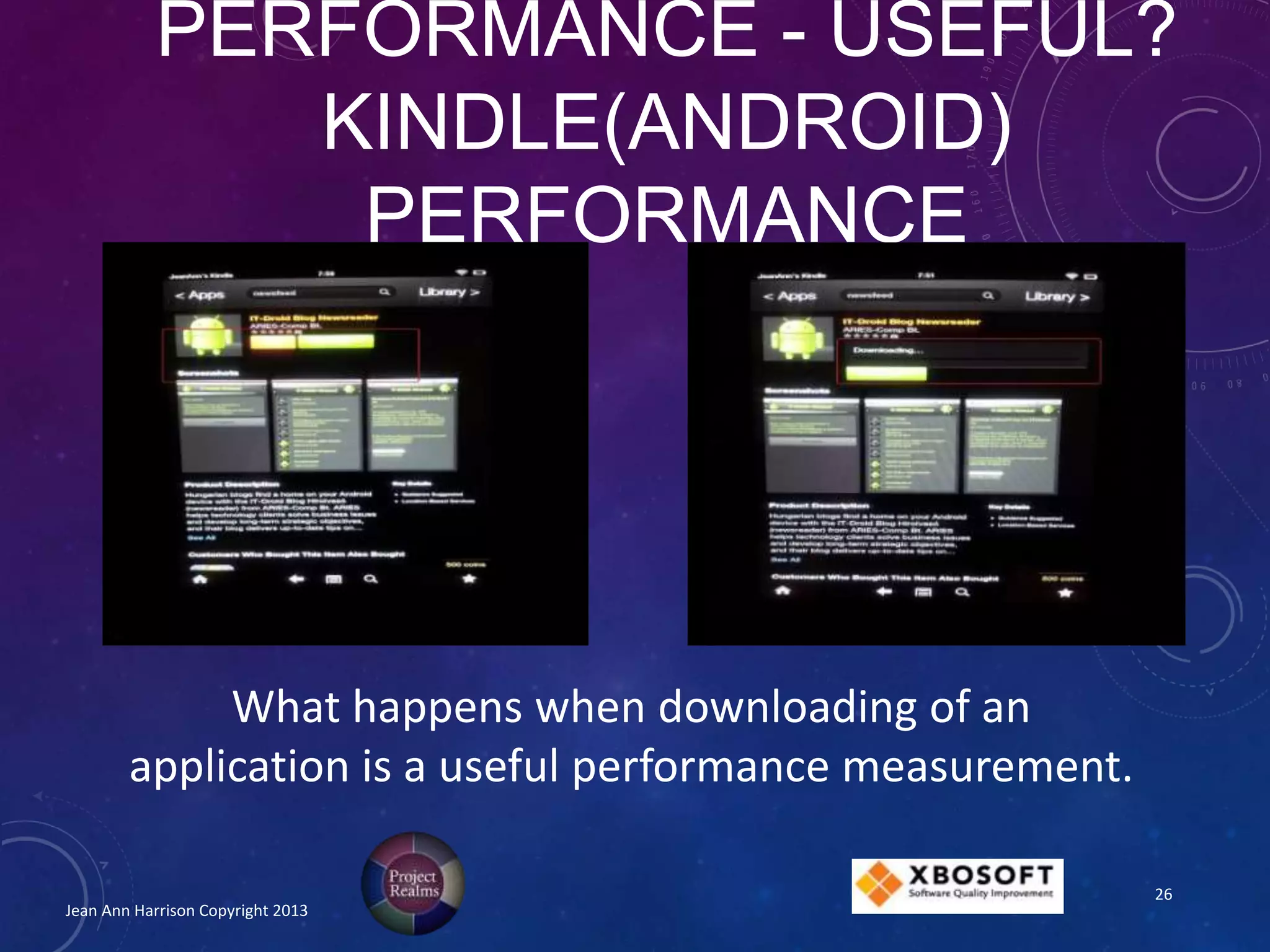PERFORMANCE - USEFUL?
KINDLE(ANDROID)
PERFORMANCE
Jean Ann Harrison Copyright 2013
What happens when downloading of an
application is a useful performance measurement.
26
 