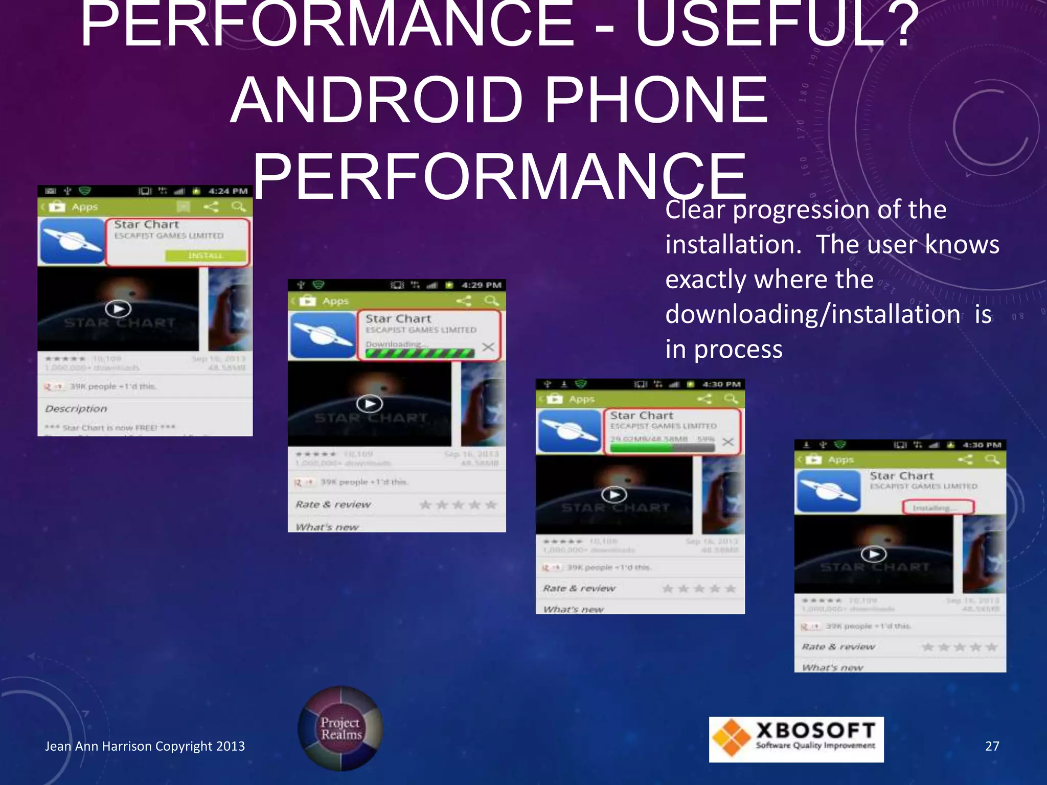 PERFORMANCE - USEFUL?
ANDROID PHONE
PERFORMANCE
Jean Ann Harrison Copyright 2013
Clear progression of the
installation. The user knows
exactly where the
downloading/installation is
in process
27
 