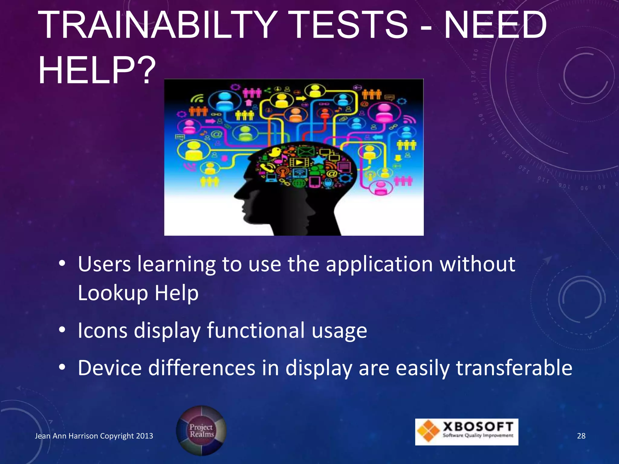TRAINABILTY TESTS - NEED
HELP?
• Users learning to use the application without
Lookup Help
• Icons display functional usage
• Device differences in display are easily transferable
Jean Ann Harrison Copyright 2013 28
 