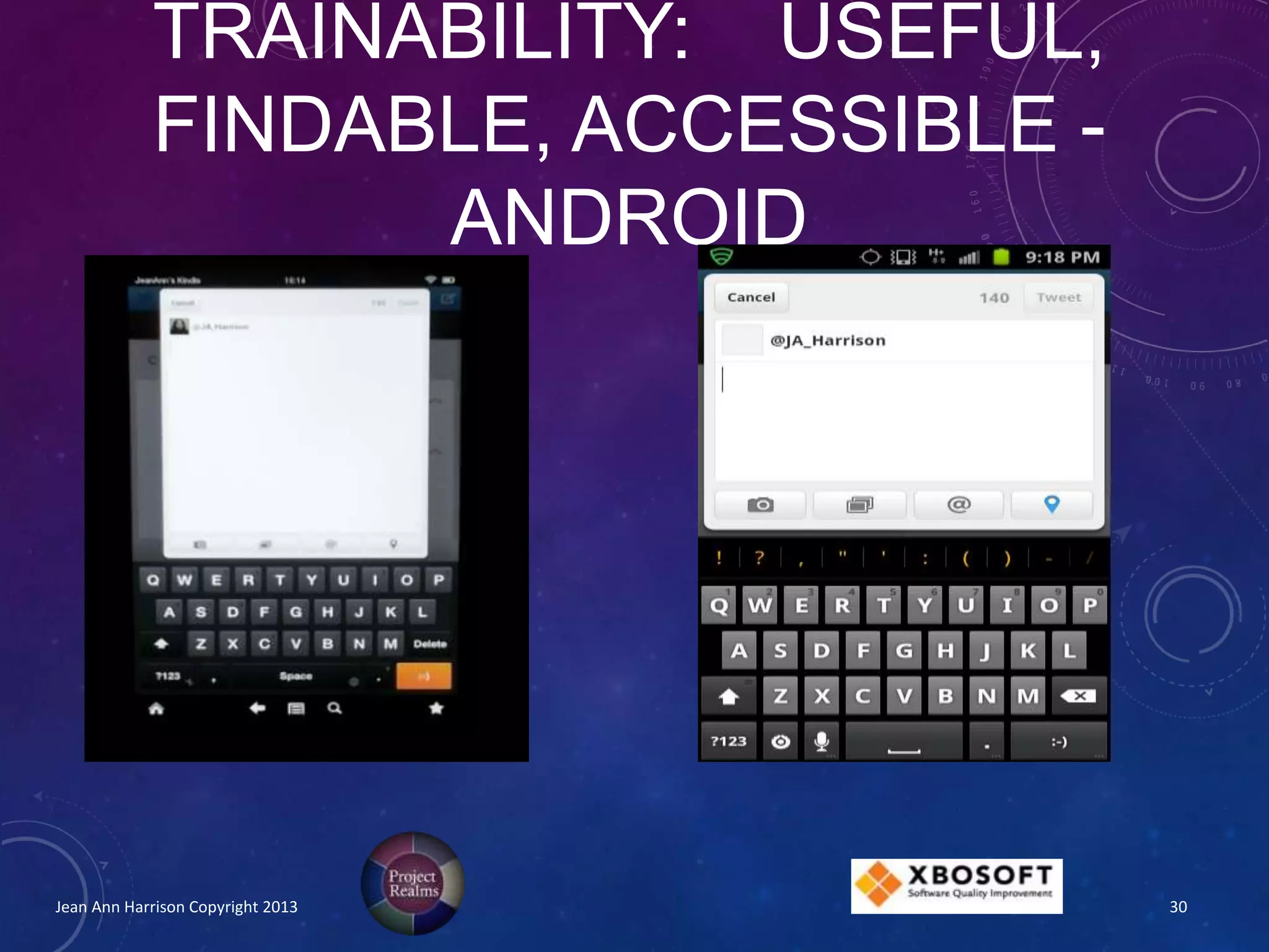 TRAINABILITY: USEFUL,
FINDABLE, ACCESSIBLE -
ANDROID
Jean Ann Harrison Copyright 2013 30
 