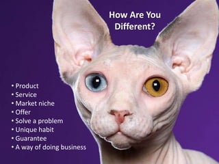 How Are You
                                        Different?




• Product
• Service
• Market niche
• Offer
• Solve a problem
• Unique habit
• Guarantee
• A way of doing business
                     Leveraging Your Brand for Growth:
                       5 Pillars to Marketing Wisdom
 