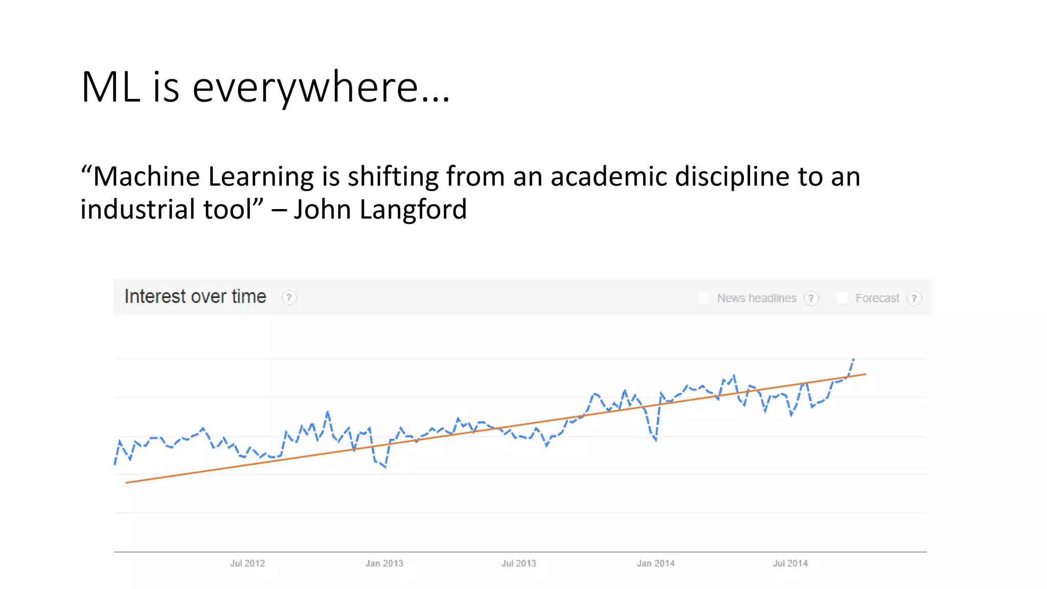 ML is everywhere… 
“Machine Learning is shifting from an academic discipline to an 
industrial tool” – John Langford 
 