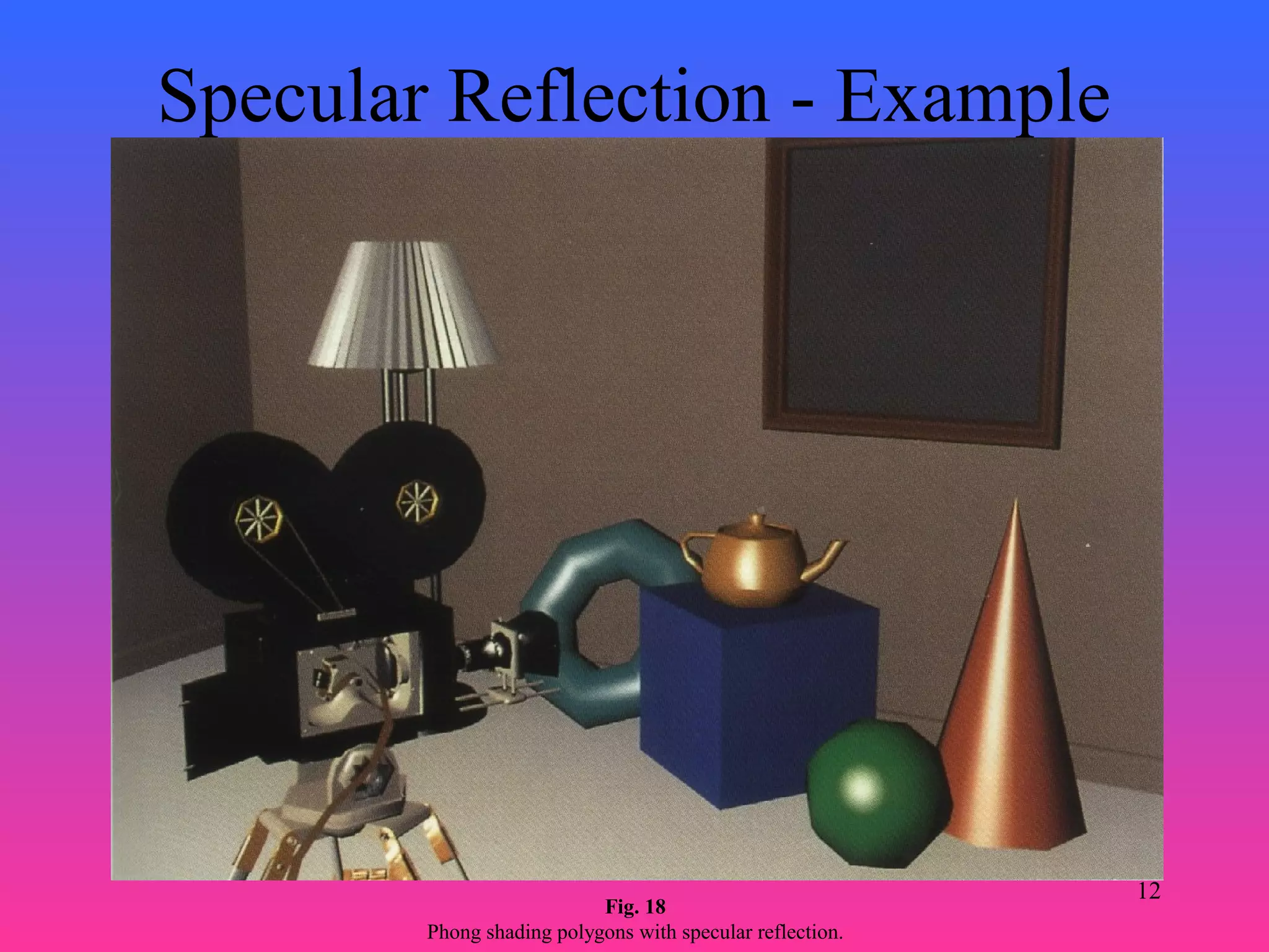 12
Specular Reflection - Example
Fig. 18
Phong shading polygons with specular reflection.
 