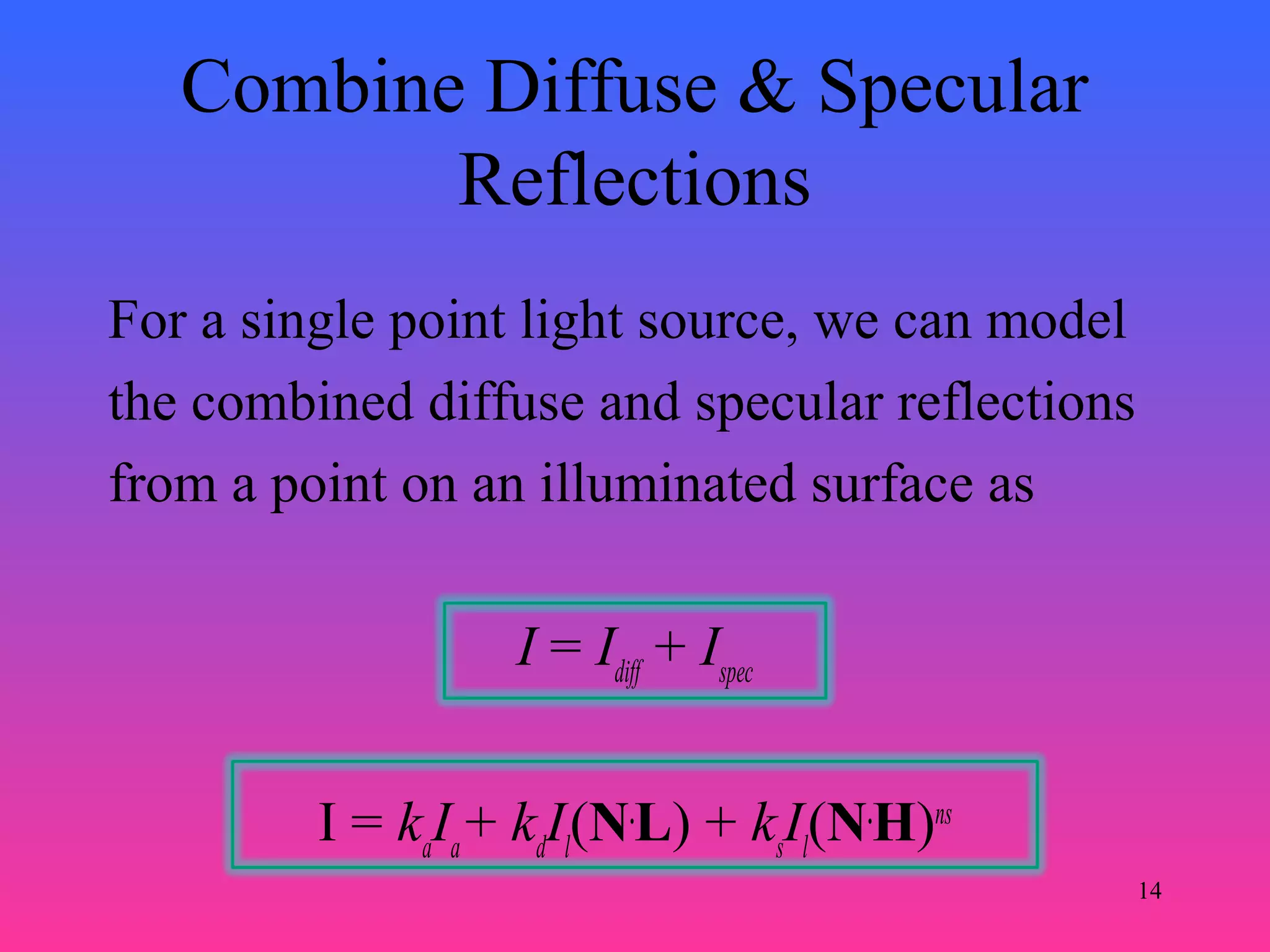 14
Combine Diffuse & Specular
Reflections
For a single point light source, we can model
the combined diffuse and specular reflections
from a point on an illuminated surface as
I = Idiff
+ Ispec
I = ka
Ia
+ kd
Il
(N.
L) + ks
Il
(N.
H)ns
 