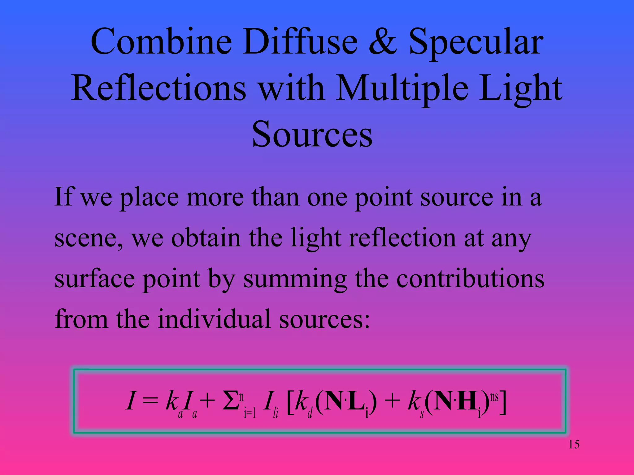 15
Combine Diffuse & Specular
Reflections with Multiple Light
Sources
If we place more than one point source in a
scene, we obtain the light reflection at any
surface point by summing the contributions
from the individual sources:
I = ka
Ia
+ Σn
i=1
Ili
[kd
(N.
Li
) + ks
(N.
Hi
)ns
]
 