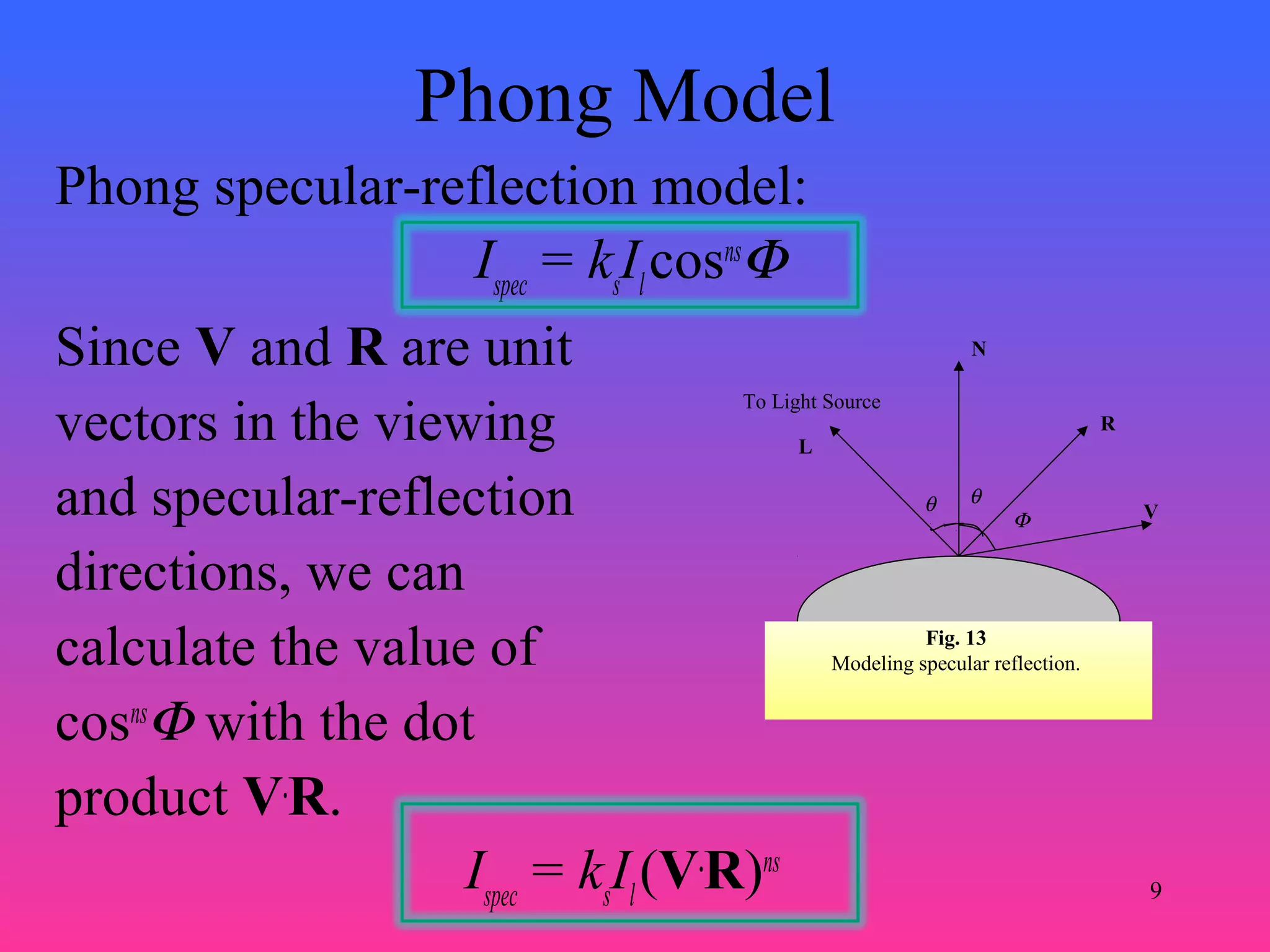 9
Phong Model
Phong specular-reflection model:
Ispec
= ks
Il
cosns
Φ
Since V and R are unit
vectors in the viewing
and specular-reflection
directions, we can
calculate the value of
cosns
Φ with the dot
product V.
R.
Ispec
= ks
Il
(V.
R)ns
Fig. 13
Modeling specular reflection.
N
L
To Light Source
θ θ
R
VΦ
 