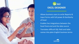 • Allows business users to write Reports &
Input Forms with full power & familiarity
of Excel
• Enables live integrations between the
Excel front-end and the data source
• Translates difficult SQL field and table
names into plain-English business terms
EXCEL DESIGNER
 