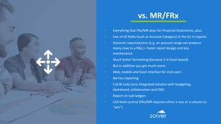 vs. MR/FRx
• Everything that FRx/MR does for Financial Statements, plus:
• Use of all fields (such as Account Category) in the GL in reports
• Dynamic rows/columns (e.g. an account range can produce
many rows in a P&L) = faster report design and less
maintenance
• Much better formatting (because it is Excel-based)
• But in addition you get much more:
• Web, mobile and Excel interface for end users
• Ad-hoc reporting
• Full BI suite (one integrated solution with budgeting,
dashboard, collaboration and DW)
• Report on sub-ledgers
• Cell-level control (FRx/MR requires either a row or a column to
“win”)
 