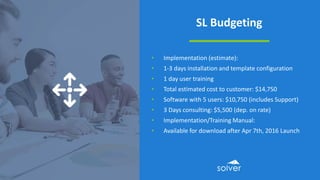 SL Budgeting
• Implementation (estimate):
• 1-3 days installation and template configuration
• 1 day user training
• Total estimated cost to customer: $14,750
• Software with 5 users: $10,750 (includes Support)
• 3 Days consulting: $5,500 (dep. on rate)
• Implementation/Training Manual:
• Available for download after Apr 7th, 2016 Launch
 