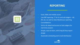 REPORTING
• Excel, Web and mobile access
• Live ERP reporting (* for GL and sub-ledgers – AP,
AR, etc.) as well as Data Warehouse reporting
• Consolidations
• Drill to GL detail and across to Sub-Ledgers for
real-time answers
• Simple, easy-to-learn, with Drag & Drop report
design
• Automatic scheduling and e-mail distribution
 