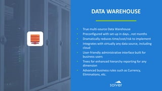 DATA WAREHOUSE
• True multi-source Data Warehouse
• Preconfigured with set-up in days...not months
• Dramatically reduces time/cost/risk to implement
• Integrates with virtually any data source, including
cloud
• User-friendly administrative interface built for
business users
• Trees for enhanced hierarchy reporting for any
dimension
• Advanced business rules such as Currency,
Eliminations, etc.
 