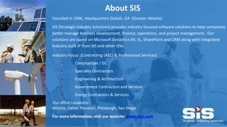 About SIS
Founded in 1996, Headquarters Duluth, GA (Greater Atlanta)
SIS (Strategic Industry Solutions) provides industry focused software solutions to help companies
better manage business development, finance, operations, and project management. Our
solutions are based on Microsoft Dynamics AX, SL, SharePoint and CRM along with integrated
Industry built IP from SIS and other ISVs.
Industry Focus: (Contracting (AEC) & Professional Services)
• Construction / GC
• Specialty Contractors
• Engineering & Architecture
• Government Contractors and Services
• Energy Contractors & Services
Our office Locations:
Atlanta, Dallas, Houston, Pittsburgh, San Diego
For more information, visit our website: www.sisn.com
 
