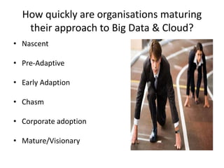 How quickly are organisations maturing
their approach to Big Data & Cloud?
• Nascent
• Pre-Adaptive
• Early Adaption
• Chasm
• Corporate adoption
• Mature/Visionary
 