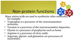 Non-protein functions
 Many amino acids are used to synthesize other molecules,
  for example:
• Tryptophan is a precursor of the neurotransmitter
  serotonin.
• Tyrosine is a precursor of the neurotransmitter dopamine.
• Glycine is a precursor of porphyrins such as heme.
• Arginine is a precursor of nitric oxide.
• Aspartate, glycine, and glutamine are precursors of
  nucleotides.
 