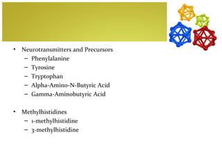 •   Neurotransmitters and Precursors
     – Phenylalanine
     – Tyrosine
     – Tryptophan
     – Alpha-Amino-N-Butyric Acid
     – Gamma-Aminobutyric Acid

•   Methylhistidines
    – 1-methylhistidine
    – 3-methylhistidine
 