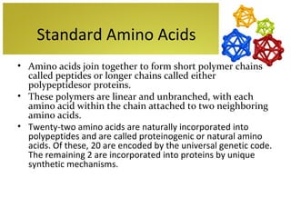 Standard Amino Acids
• Amino acids join together to form short polymer chains
  called peptides or longer chains called either
  polypeptidesor proteins.
• These polymers are linear and unbranched, with each
  amino acid within the chain attached to two neighboring
  amino acids.
• Twenty-two amino acids are naturally incorporated into
  polypeptides and are called proteinogenic or natural amino
  acids. Of these, 20 are encoded by the universal genetic code.
  The remaining 2 are incorporated into proteins by unique
  synthetic mechanisms.
 