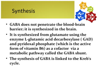 Synthesis

• GABA does not penetrate the blood-brain
  barrier; it is synthesized in the brain.
• It is synthesized from glutamate using the
  enzyme L-glutamic acid decarboxylase ( GAD)
  and pyridoxal phosphate (which is the active
  form of vitamin B6) as a cofactor via a
  metabolic pathway called the GABA shunt.
• The synthesis of GABA is linked to the Kreb's
  cycle.
 