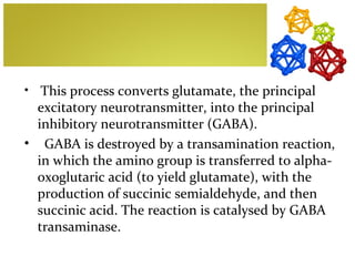 •  This process converts glutamate, the principal
  excitatory neurotransmitter, into the principal
  inhibitory neurotransmitter (GABA).
• GABA is destroyed by a transamination reaction,
  in which the amino group is transferred to alpha-
  oxoglutaric acid (to yield glutamate), with the
  production of succinic semialdehyde, and then
  succinic acid. The reaction is catalysed by GABA
  transaminase.
 