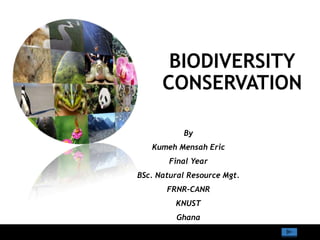 BIODIVERSITY
CONSERVATION
By
Kumeh Mensah Eric
Final Year
BSc. Natural Resource Mgt.
FRNR-CANR
KNUST
Ghana

 