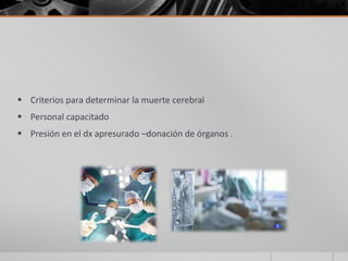  Criterios para determinar la muerte cerebral
 Personal capacitado
 Presión en el dx apresurado –donación de órganos .
 