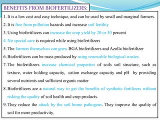 BENEFITS FROM BIOFERTILIZERS:
1. It is a low cost and easy technique, and can be used by small and marginal farmers.
2. It is free from pollution hazards and increase soil fertility
3. Using biofertilizers can increase the crop yield by 20 or 30 percent
4. No special care is required while using biofertilizers
5. The farmers themselves can grow BGA biofertilizers and Azolla biofertilizer
6. Biofertilizers can be mass produced by using renewable biological wastes.
7. The biofertilizers increase chemical properties of soils soil structure, such as
texture, water holding capacity, cation exchange capacity and pH by providing
several nutrients and sufficient organic matter
8. Biofertilizers are a natural way to get the benefits of synthetic fertilizers without
risking the quality of soil health and crop products.
9. They reduce the attack by the soil borne pathogens. They improve the quality of
soil for more productivity.
 