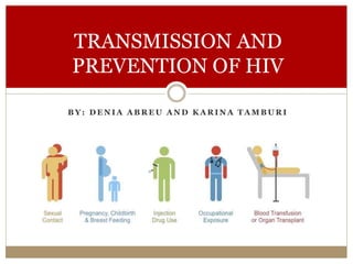B Y : D E N I A A B R E U A N D K A R I N A T A M B U R I
TRANSMISSION AND
PREVENTION OF HIV
 