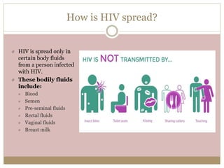 How is HIV spread?
HIV is spread only in
certain body fluids
from a person infected
with HIV.
These bodily fluids
include:
Blood
Semen
Pre-seminal fluids
Rectal fluids
Vaginal fluids
Breast milk
 