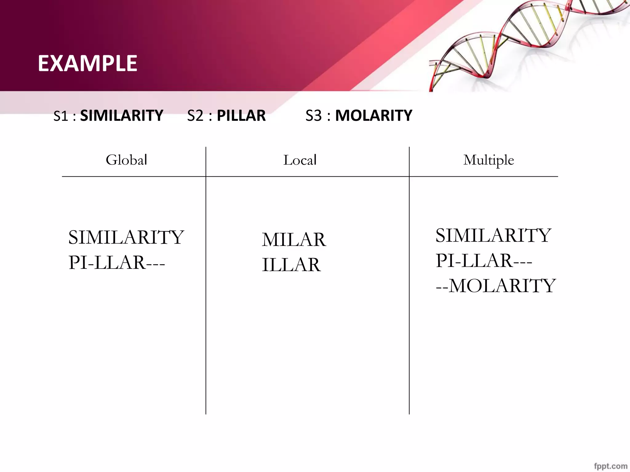 EXAMPLE
S1 : SIMILARITY S2 : PILLAR S3 : MOLARITY
Global Local Multiple
SIMILARITY
PI-LLAR---
MILAR
ILLAR
SIMILARITY
PI-LLAR---
--MOLARITY
 