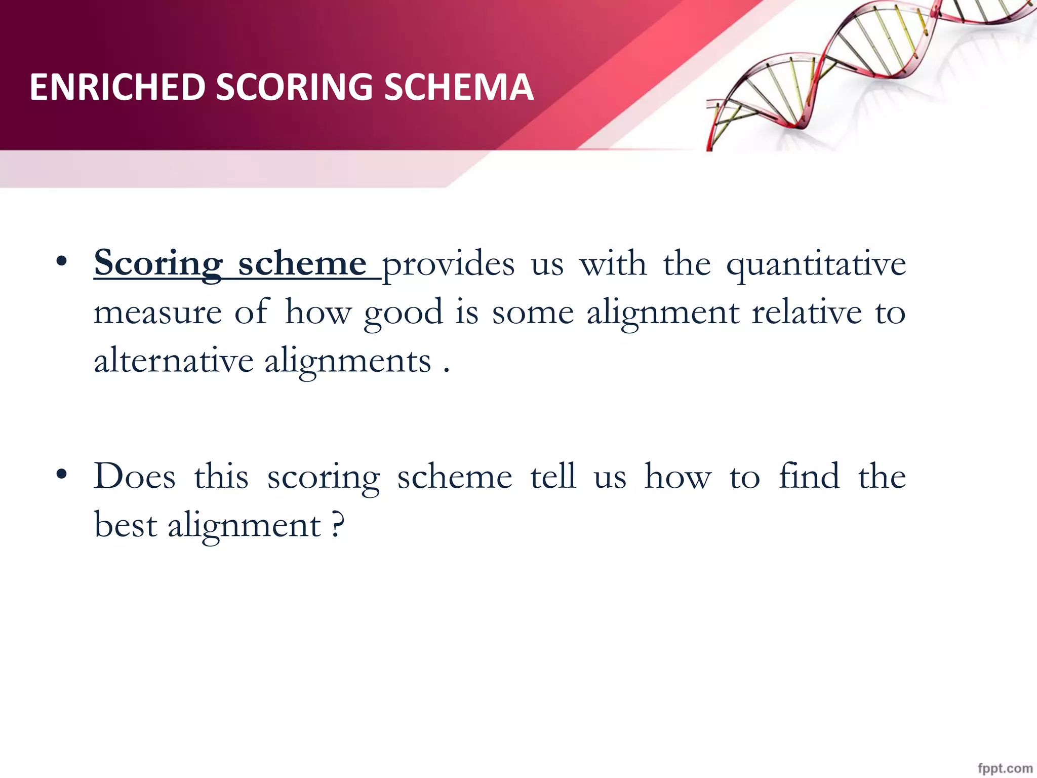 ENRICHED SCORING SCHEMA
• Scoring scheme provides us with the quantitative
measure of how good is some alignment relative to
alternative alignments .
• Does this scoring scheme tell us how to find the
best alignment ?
 