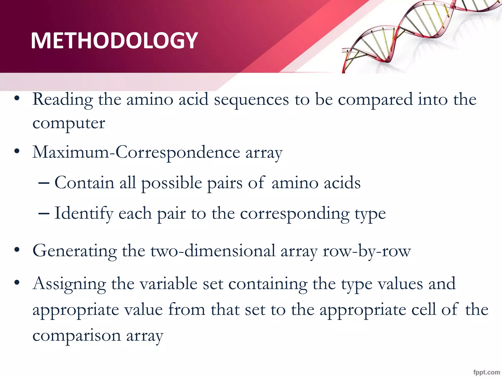 • Reading the amino acid sequences to be compared into the
computer
• Maximum-Correspondence array
– Contain all possible pairs of amino acids
– Identify each pair to the corresponding type
• Generating the two-dimensional array row-by-row
• Assigning the variable set containing the type values and
appropriate value from that set to the appropriate cell of the
comparison array
METHODOLOGY
 