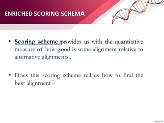 ENRICHED SCORING SCHEMA
• Scoring scheme provides us with the quantitative
measure of how good is some alignment relative to
alternative alignments .
• Does this scoring scheme tell us how to find the
best alignment ?
 