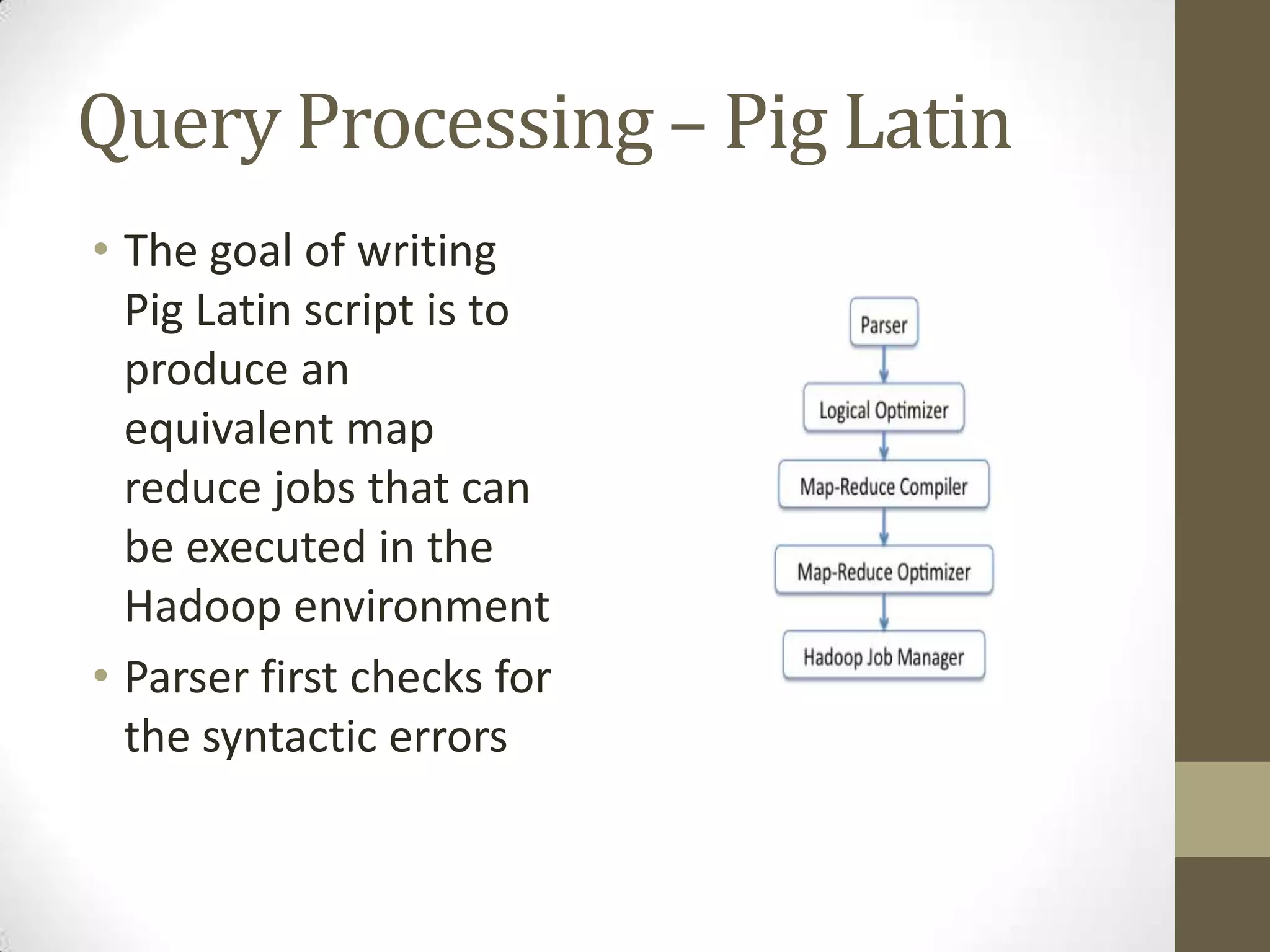 Query Processing – Pig Latin
• The goal of writing
Pig Latin script is to
produce an
equivalent map
reduce jobs that can
be executed in the
Hadoop environment
• Parser first checks for
the syntactic errors
 