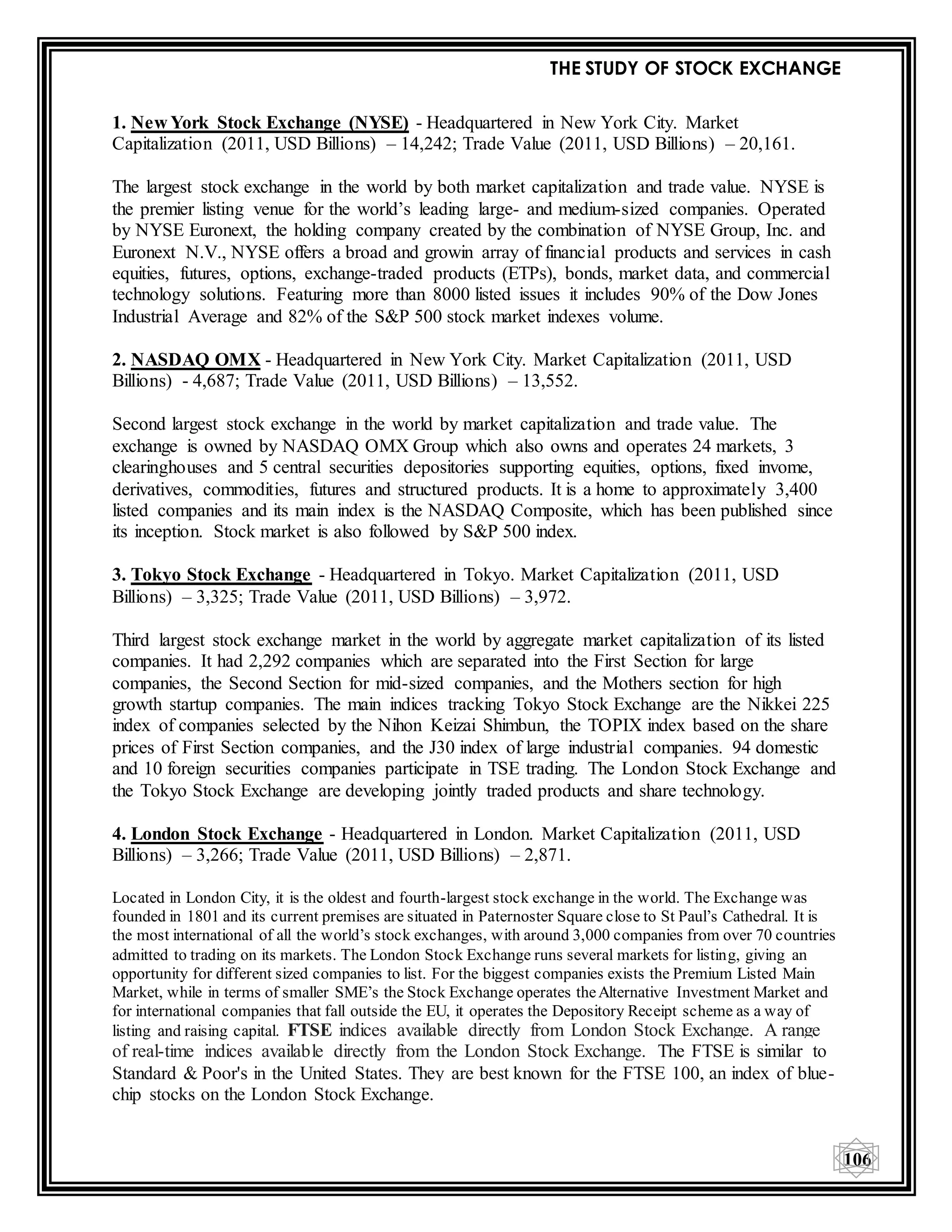 THE STUDY OF STOCK EXCHANGE
106
1. New York Stock Exchange (NYSE) - Headquartered in New York City. Market
Capitalization (2011, USD Billions) – 14,242; Trade Value (2011, USD Billions) – 20,161.
The largest stock exchange in the world by both market capitalization and trade value. NYSE is
the premier listing venue for the world’s leading large- and medium-sized companies. Operated
by NYSE Euronext, the holding company created by the combination of NYSE Group, Inc. and
Euronext N.V., NYSE offers a broad and growin array of financial products and services in cash
equities, futures, options, exchange-traded products (ETPs), bonds, market data, and commercial
technology solutions. Featuring more than 8000 listed issues it includes 90% of the Dow Jones
Industrial Average and 82% of the S&P 500 stock market indexes volume.
2. NASDAQ OMX - Headquartered in New York City. Market Capitalization (2011, USD
Billions) - 4,687; Trade Value (2011, USD Billions) – 13,552.
Second largest stock exchange in the world by market capitalization and trade value. The
exchange is owned by NASDAQ OMX Group which also owns and operates 24 markets, 3
clearinghouses and 5 central securities depositories supporting equities, options, fixed invome,
derivatives, commodities, futures and structured products. It is a home to approximately 3,400
listed companies and its main index is the NASDAQ Composite, which has been published since
its inception. Stock market is also followed by S&P 500 index.
3. Tokyo Stock Exchange - Headquartered in Tokyo. Market Capitalization (2011, USD
Billions) – 3,325; Trade Value (2011, USD Billions) – 3,972.
Third largest stock exchange market in the world by aggregate market capitalization of its listed
companies. It had 2,292 companies which are separated into the First Section for large
companies, the Second Section for mid-sized companies, and the Mothers section for high
growth startup companies. The main indices tracking Tokyo Stock Exchange are the Nikkei 225
index of companies selected by the Nihon Keizai Shimbun, the TOPIX index based on the share
prices of First Section companies, and the J30 index of large industrial companies. 94 domestic
and 10 foreign securities companies participate in TSE trading. The London Stock Exchange and
the Tokyo Stock Exchange are developing jointly traded products and share technology.
4. London Stock Exchange - Headquartered in London. Market Capitalization (2011, USD
Billions) – 3,266; Trade Value (2011, USD Billions) – 2,871.
Located in London City, it is the oldest and fourth-largest stock exchange in the world. The Exchange was
founded in 1801 and its current premises are situated in Paternoster Square close to St Paul’s Cathedral. It is
the most international of all the world’s stock exchanges, with around 3,000 companies from over 70 countries
admitted to trading on its markets. The London Stock Exchange runs several markets for listing, giving an
opportunity for different sized companies to list. For the biggest companies exists the Premium Listed Main
Market, while in terms of smaller SME’s the Stock Exchange operates theAlternative Investment Market and
for international companies that fall outside the EU, it operates the Depository Receipt scheme as a way of
listing and raising capital. FTSE indices available directly from London Stock Exchange. A range
of real-time indices available directly from the London Stock Exchange. The FTSE is similar to
Standard & Poor's in the United States. They are best known for the FTSE 100, an index of blue-
chip stocks on the London Stock Exchange.
 