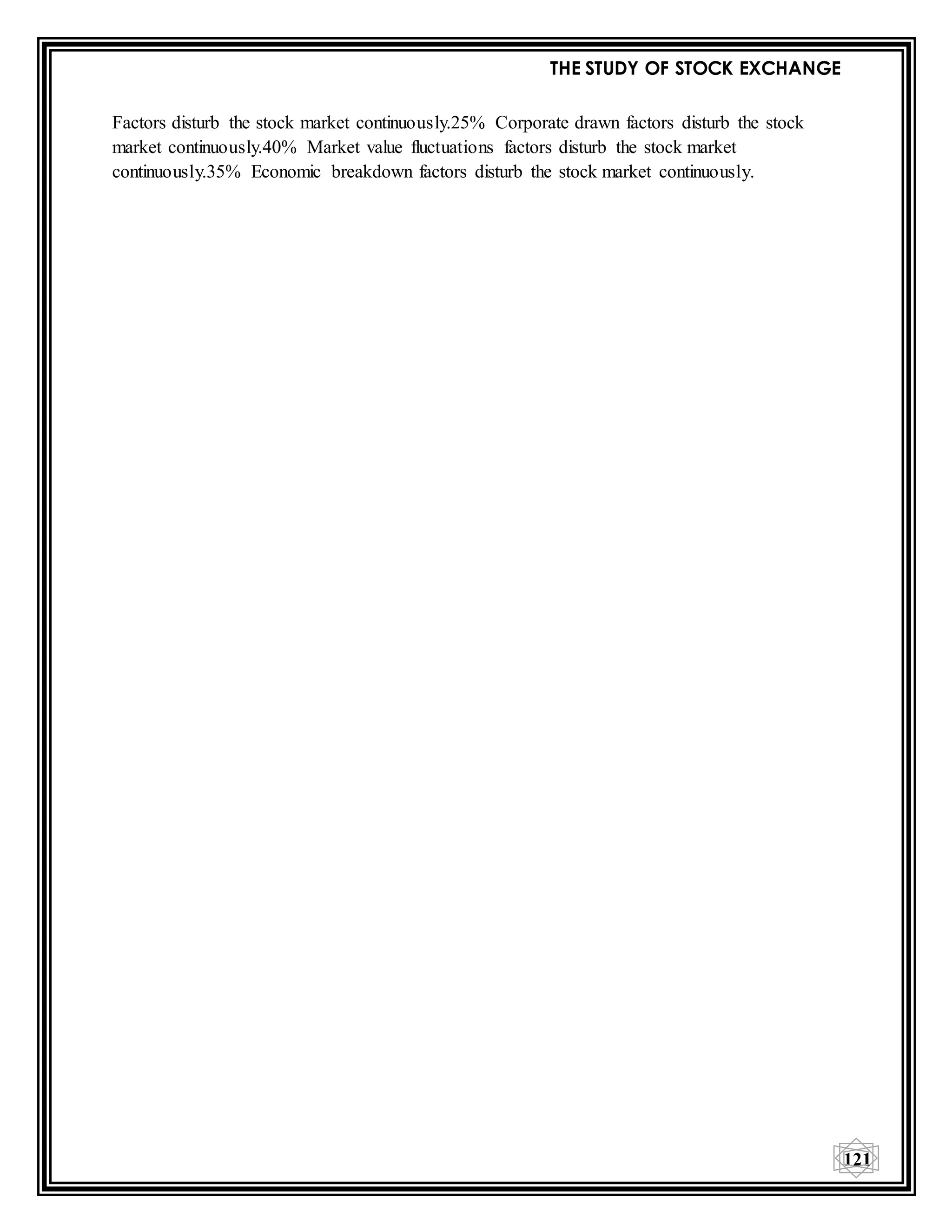 THE STUDY OF STOCK EXCHANGE
121
Factors disturb the stock market continuously.25% Corporate drawn factors disturb the stock
market continuously.40% Market value fluctuations factors disturb the stock market
continuously.35% Economic breakdown factors disturb the stock market continuously.
 