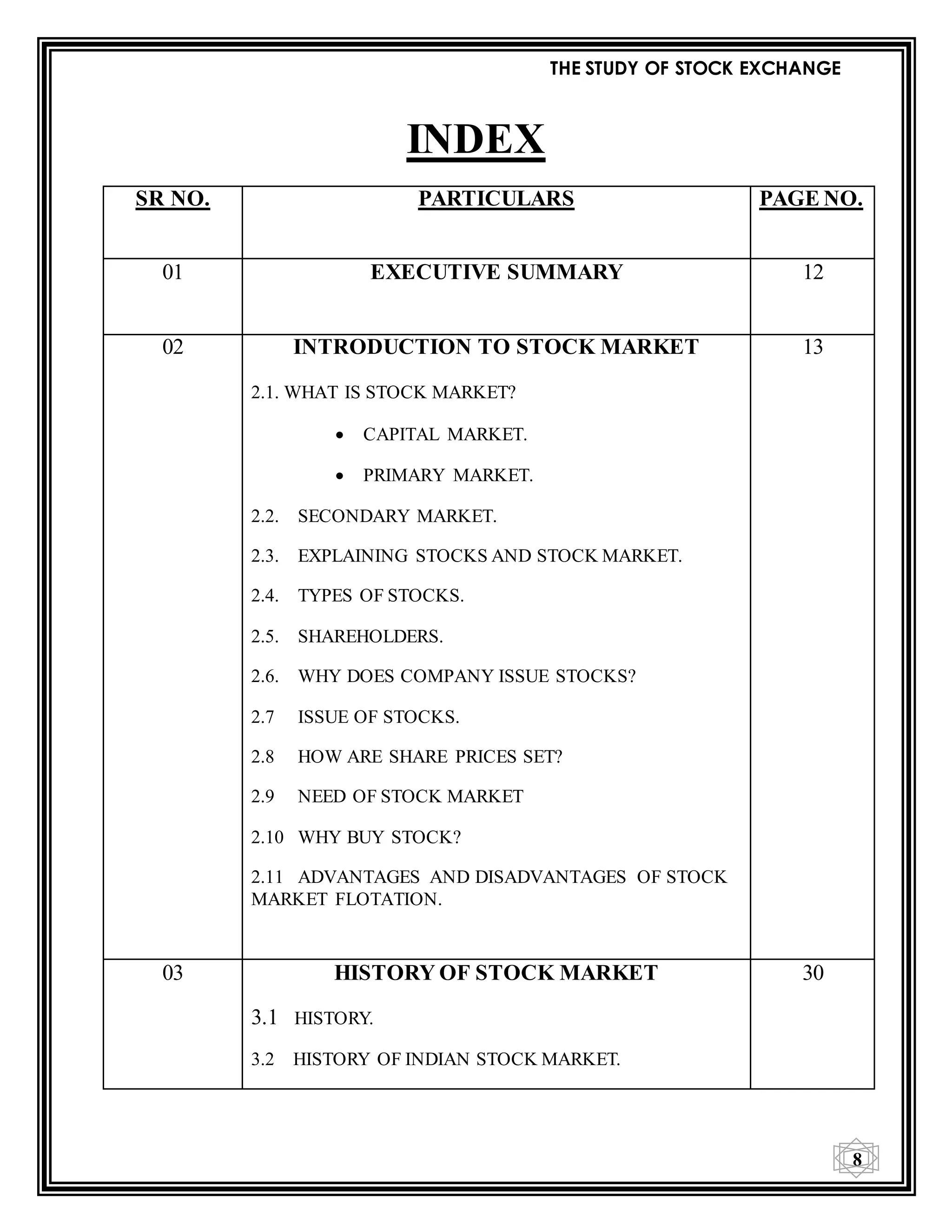 THE STUDY OF STOCK EXCHANGE
8
INDEX
SR NO. PARTICULARS PAGE NO.
01 EXECUTIVE SUMMARY 12
02 INTRODUCTION TO STOCK MARKET
2.1. WHAT IS STOCK MARKET?
 CAPITAL MARKET.
 PRIMARY MARKET.
2.2. SECONDARY MARKET.
2.3. EXPLAINING STOCKS AND STOCK MARKET.
2.4. TYPES OF STOCKS.
2.5. SHAREHOLDERS.
2.6. WHY DOES COMPANY ISSUE STOCKS?
2.7 ISSUE OF STOCKS.
2.8 HOW ARE SHARE PRICES SET?
2.9 NEED OF STOCK MARKET
2.10 WHY BUY STOCK?
2.11 ADVANTAGES AND DISADVANTAGES OF STOCK
MARKET FLOTATION.
13
03 HISTORY OF STOCK MARKET
3.1 HISTORY.
3.2 HISTORY OF INDIAN STOCK MARKET.
30
 