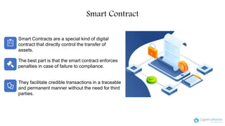 Smart Contract
Smart Contracts are a special kind of digital
contract that directly control the transfer of
assets.
The best part is that the smart contract enforces
penalties in case of failure to compliance.
They facilitate credible transactions in a traceable
and permanent manner without the need for third
parties.
 