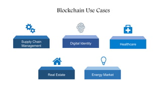 Blockchain Use Cases
Digital IdentitySupply Chain
Management
Energy MarketReal Estate
Healthcare
 