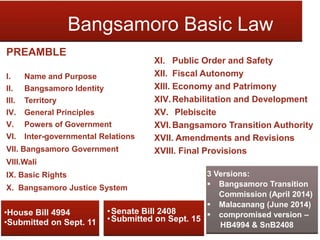 Bangsamoro Basic Law
PREAMBLE
I. Name and Purpose
II. Bangsamoro Identity
III. Territory
IV. General Principles
V. Powers of Government
VI. Inter-governmental Relations
VII. Bangsamoro Government
VIII.Wali
IX. Basic Rights
X. Bangsamoro Justice System
•House Bill 4994
•Submitted on Sept. 11
XI. Public Order and Safety
XII. Fiscal Autonomy
XIII. Economy and Patrimony
XIV.Rehabilitation and Development
XV. Plebiscite
XVI.Bangsamoro Transition Authority
XVII. Amendments and Revisions
XVIII. Final Provisions
3 Versions:
 Bangsamoro Transition
Commission (April 2014)
 Malacanang (June 2014)
 compromised version –
HB4994 & SnB2408
•Senate Bill 2408
•Submitted on Sept. 15
 