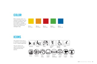 COLOR
When choosing colors, it is
important to select ones that
are easily identiﬁable. They
are to appear on signage,
which will correspond to the
colors of the zones of the
redesigned map.                 PMS 110              PMS 145                 PMS 173                PMS 362                  PMS 301
                                (0, 12, 100, 7)      (0, 47, 100, 8)         (0, 69, 100, 4)        (70, 0, 100, 9)          (100, 45, 0, 18)




ICONS
The purpose of the icons is
to introduce a set of symbols
to aid in campus wayﬁnding.

They are meant to be
                                   Residential        Academic              Parking                Emergency              Wheelchair            Cycling
used in conjunction with                                                                           phones                 accessible
interactive and online
services.




                                   Sciences       Engineering          Health           Computer         Business              Criminal         Art, media,   Social
                                                                       sciences         sciences         administration        justice          + design      sciences




                                                                                                                                                                         GdAM Environmental Design + Wayﬁnding   15
 