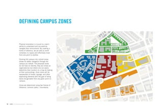 DEFINING CAMPUS ZONES


                    Physical orientation is crucial to a user’s
                    ability to understand and successfully
                    navigate their environment. By creating a
                    frame of reference, we are able to orient
                    ourselves in a space and effectively move
                    from one point to another.

                    Dividing the campus into colored zones
                    allows for better navigation through the
                    campus as a whole. The proposed zones
                    do not have an identity, they are simply an
                    organizational tool where one can easily
                    determine their location on a map by looking
                    at their surroundings. Zone colors will be
                    represented on kiosks, signage, and other
                    wayﬁnding elements with the goal of being
                    easily recognizable from any given point on
                    campus.

                    Zones are determined using two frames of
                    reference: common paths + boundaries.




16   GdAM Environmental Design + Wayﬁnding
 