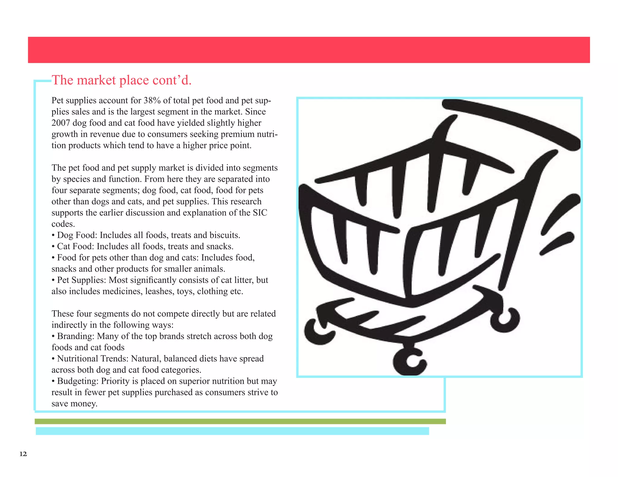 The market place cont’d.
     Pet supplies account for 38% of total pet food and pet sup-
     plies sales and is the largest segment in the market. Since
     2007 dog food and cat food have yielded slightly higher
     growth in revenue due to consumers seeking premium nutri-
     tion products which tend to have a higher price point.

     The pet food and pet supply market is divided into segments
     by species and function. From here they are separated into
     four separate segments; dog food, cat food, food for pets
     other than dogs and cats, and pet supplies. This research
     supports the earlier discussion and explanation of the SIC
     codes.
     • Dog Food: Includes all foods, treats and biscuits.
     • Cat Food: Includes all foods, treats and snacks.
     • Food for pets other than dog and cats: Includes food,
     snacks and other products for smaller animals.
     • Pet Supplies: Most significantly consists of cat litter, but
     also includes medicines, leashes, toys, clothing etc.

     These four segments do not compete directly but are related
     indirectly in the following ways:
     • Branding: Many of the top brands stretch across both dog
     foods and cat foods
     • Nutritional Trends: Natural, balanced diets have spread
     across both dog and cat food categories.
     • Budgeting: Priority is placed on superior nutrition but may
     result in fewer pet supplies purchased as consumers strive to
     save money.




12
 