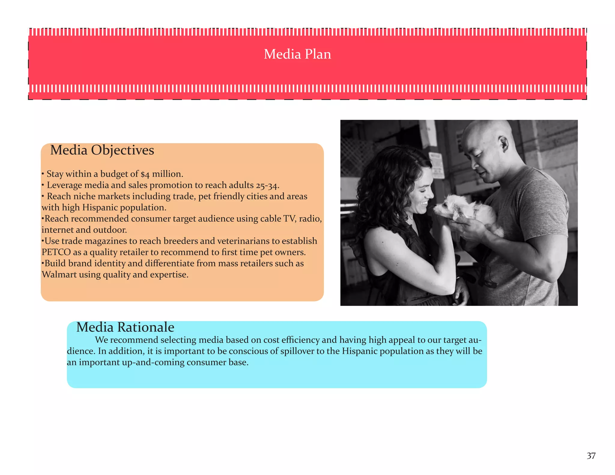Media Plan




  Media Objectives
• Stay within a budget of $4 million.
• Leverage media and sales promotion to reach adults 25-34.
• Reach niche markets including trade, pet friendly cities and areas
with high Hispanic population.
•Reach recommended consumer target audience using cable TV, radio,
internet and outdoor.
•Use trade magazines to reach breeders and veterinarians to establish
PETCO as a quality retailer to recommend to first time pet owners.
•Build brand identity and differentiate from mass retailers such as
Walmart using quality and expertise.




        Media Rationale
             We recommend selecting media based on cost efficiency and having high appeal to our target au-
      dience. In addition, it is important to be conscious of spillover to the Hispanic population as they will be
      an important up-and-coming consumer base.




                                                                                                                     37
 
