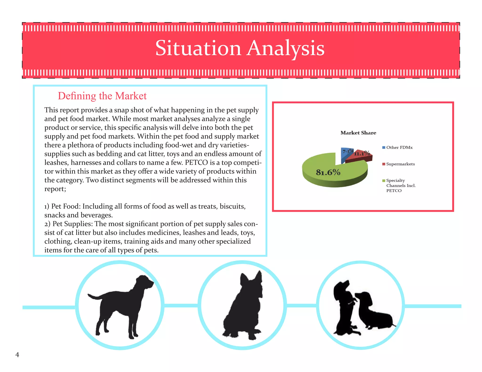 Situation Analysis

        Defining the Market
    This report provides a snap shot of what happening in the pet supply
    and pet food market. While most market analyses analyze a single
    product or service, this specific analysis will delve into both the pet
    supply and pet food markets. Within the pet food and supply market
    there a plethora of products including food-wet and dry varieties-
    supplies such as bedding and cat litter, toys and an endless amount of
    leashes, harnesses and collars to name a few. PETCO is a top competi-
    tor within this market as they offer a wide variety of products within
    the category. Two distinct segments will be addressed within this
    report;

    1) Pet Food: Including all forms of food as well as treats, biscuits,
    snacks and beverages.
    2) Pet Supplies: The most significant portion of pet supply sales con-
    sist of cat litter but also includes medicines, leashes and leads, toys,
    clothing, clean-up items, training aids and many other specialized
    items for the care of all types of pets.




4
 