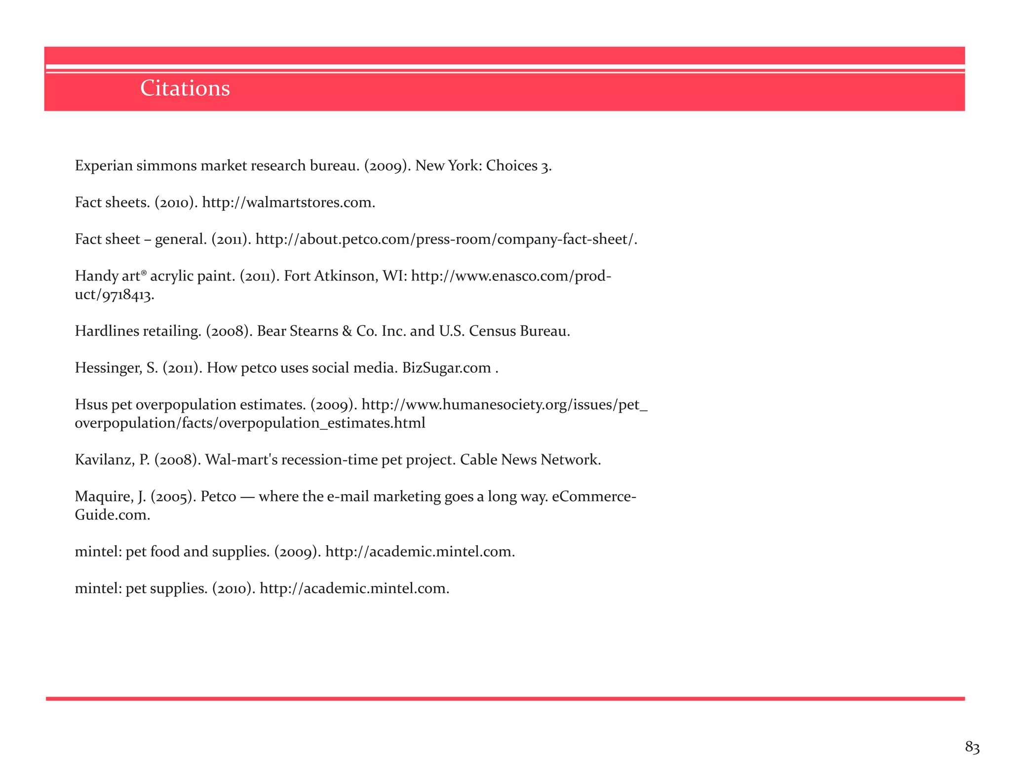 Citations


Experian simmons market research bureau. (2009). New York: Choices 3.

Fact sheets. (2010). http://walmartstores.com.

Fact sheet – general. (2011). http://about.petco.com/press-room/company-fact-sheet/.

Handy art® acrylic paint. (2011). Fort Atkinson, WI: http://www.enasco.com/prod-
uct/9718413.

Hardlines retailing. (2008). Bear Stearns & Co. Inc. and U.S. Census Bureau.

Hessinger, S. (2011). How petco uses social media. BizSugar.com .

Hsus pet overpopulation estimates. (2009). http://www.humanesociety.org/issues/pet_
overpopulation/facts/overpopulation_estimates.html

Kavilanz, P. (2008). Wal-mart's recession-time pet project. Cable News Network.

Maquire, J. (2005). Petco — where the e-mail marketing goes a long way. eCommerce-
Guide.com.

mintel: pet food and supplies. (2009). http://academic.mintel.com.

mintel: pet supplies. (2010). http://academic.mintel.com.




                                                                                       83
 