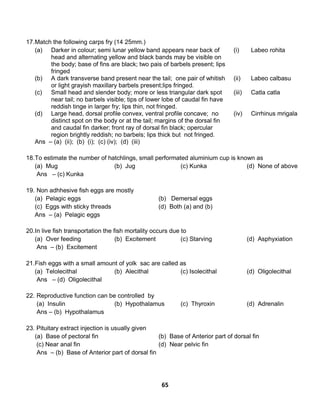 65
17.Match the following carps fry (14 25mm.)
(a) Darker in colour; semi lunar yellow band appears near back of
head and alternating yellow and black bands may be visible on
the body; base of fins are black; two pais of barbels present; lips
fringed
(i) Labeo rohita
(b) A dark transverse band present near the tail; one pair of whitish
or light grayish maxillary barbels present;lips fringed.
(ii) Labeo calbasu
(c) Small head and slender body; more or less triangular dark spot
near tail; no barbels visible; tips of lower lobe of caudal fin have
reddish tinge in larger fry; lips thin, not fringed.
(iii) Catla catla
(d) Large head, dorsal profile convex, ventral profile concave; no
distinct spot on the body or at the tail; margins of the dorsal fin
and caudal fin darker; front ray of dorsal fin black; opercular
region brightly reddish; no barbels; lips thick but not fringed.
(iv) Cirrhinus mrigala
Ans – (a) (ii); (b) (i); (c) (iv); (d) (iii)
18.To estimate the number of hatchlings, small performated aluminium cup is known as
(a) Mug (b) Jug (c) Kunka (d) None of above
Ans – (c) Kunka
19. Non adhhesive fish eggs are mostly
(a) Pelagic eggs (b) Demersal eggs
(c) Eggs with sticky threads (d) Both (a) and (b)
Ans – (a) Pelagic eggs
20.In live fish transportation the fish mortality occurs due to
(a) Over feeding (b) Excitement (c) Starving (d) Asphyxiation
Ans – (b) Excitement
21.Fish eggs with a small amount of yolk sac are called as
(a) Telolecithal (b) Alecithal (c) Isolecithal (d) Oligolecithal
Ans – (d) Oligolecithal
22. Reproductive function can be controlled by
(a) Insulin (b) Hypothalamus (c) Thyroxin (d) Adrenalin
Ans – (b) Hypothalamus
23. Pituitary extract injection is usually given
(a) Base of pectoral fin (b) Base of Anterior part of dorsal fin
(c) Near anal fin (d) Near pelvic fin
Ans – (b) Base of Anterior part of dorsal fin
 